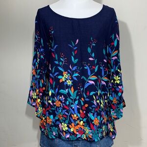 SHEIN‎ Blouse Womens 2XL Navy Blue Floral 3/4 Bell Sleeve Boho Rayon Top